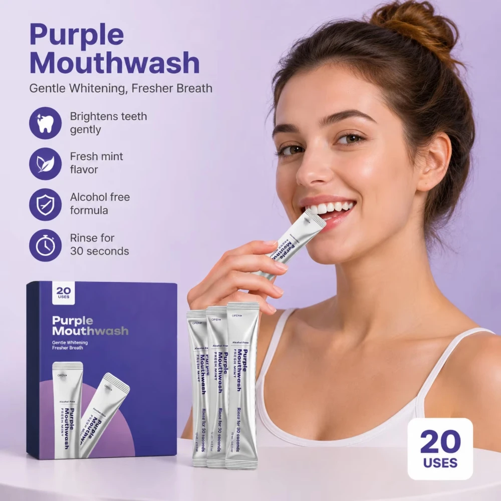 Purple Mouthwash for Teeth Whitening Color Correcting Mouthwash Sachets Supports Gum Health Mint Tooth Clean Mouth Wash