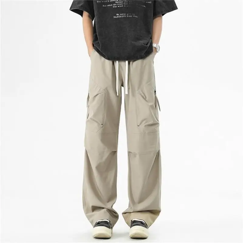 

Men's Spring And Autumn Drawstring Casual Pants, Retro Loose And Versatile Work Pants, Straight Leg Sports Parachute Pants