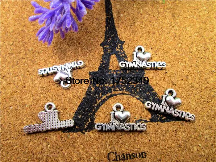 125pcs/lot-Gymnastics Charms, Antique Tibetan silver I Love Gymnastics Charm Pendants 20x11mm