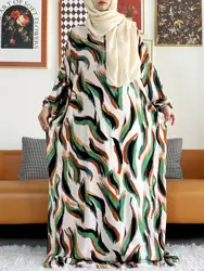 Abayas de algodão impresso para mulheres, Ramadan Prayer Garment, Dubai, Turquia, Médio Oriente Female Robe, vestido solto, Turban Joint, 2024