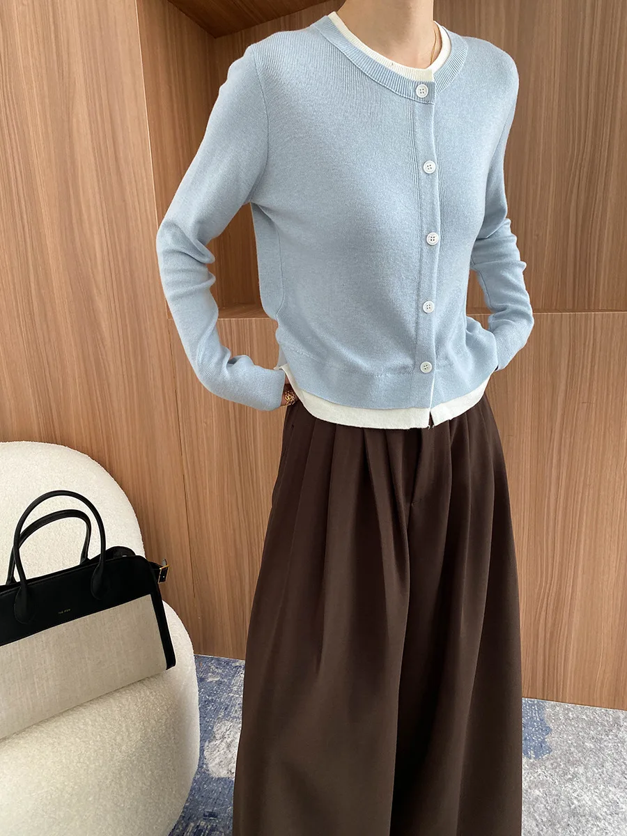 Primavera feminino casual cor sólida em torno do pescoço manga comprida falso duas peças solto cardigan camisola