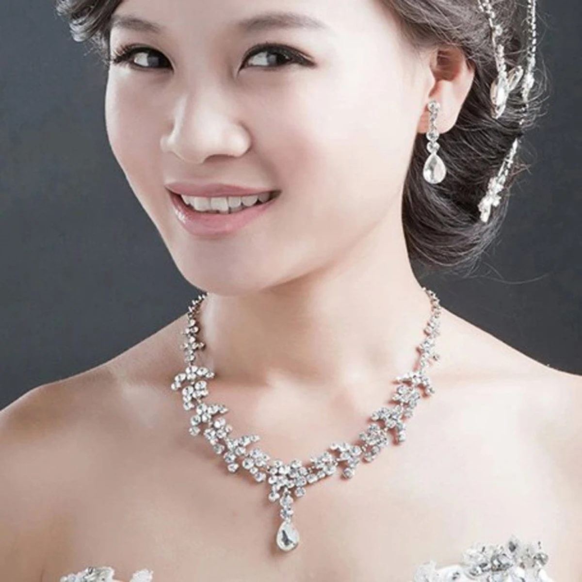 

Luxury Rhinestone Bridal Tiara Necklace Earrings Earrings Wedding Rhinestone Set Wedding Crown Set Silver 23.6\