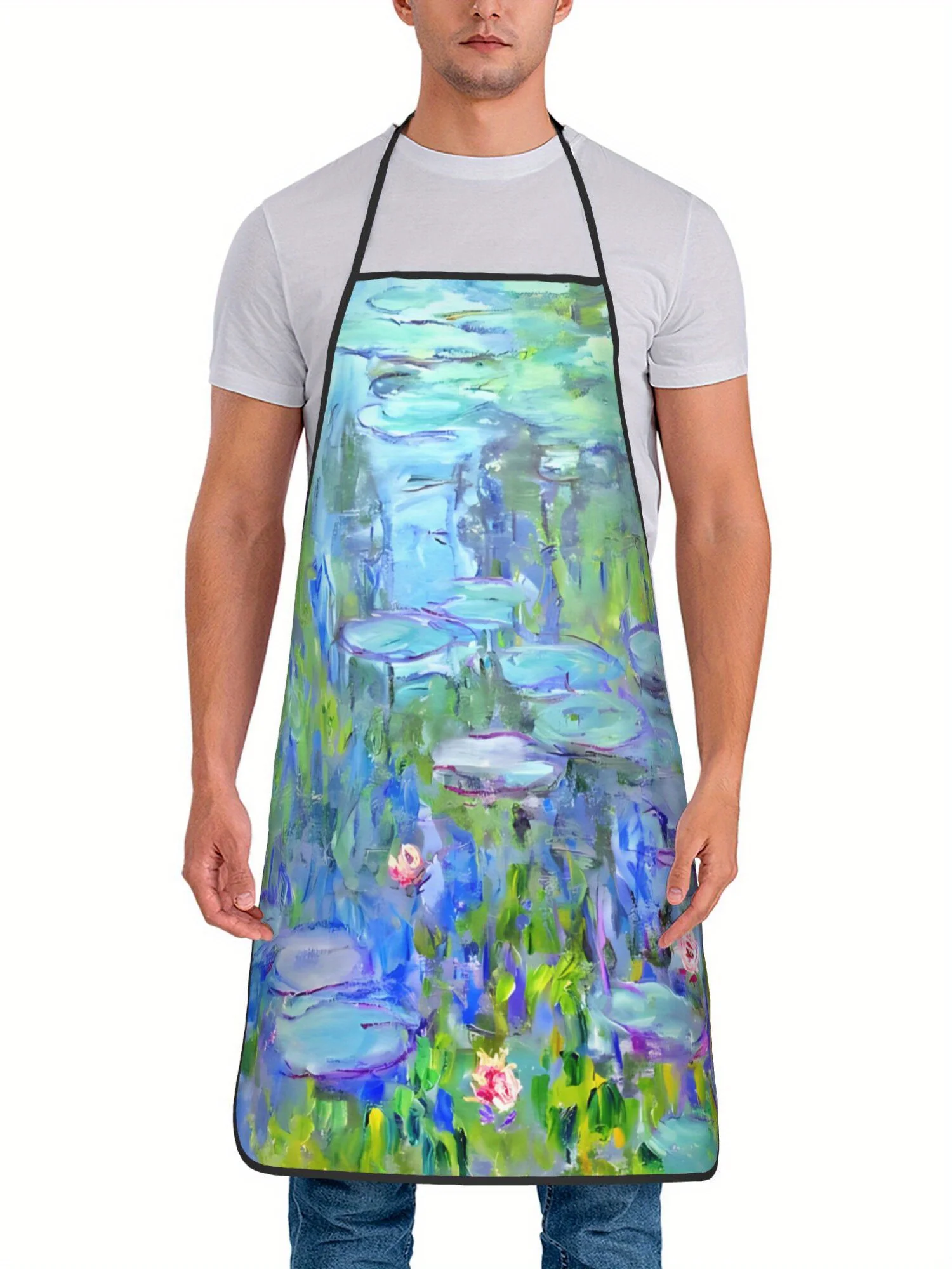 Vintage Water Lilies Monet Apron - Printed Design for Cooking & Restaurant Use, Polyester Fabric, Blue Lily  Pink Lilies Pattern