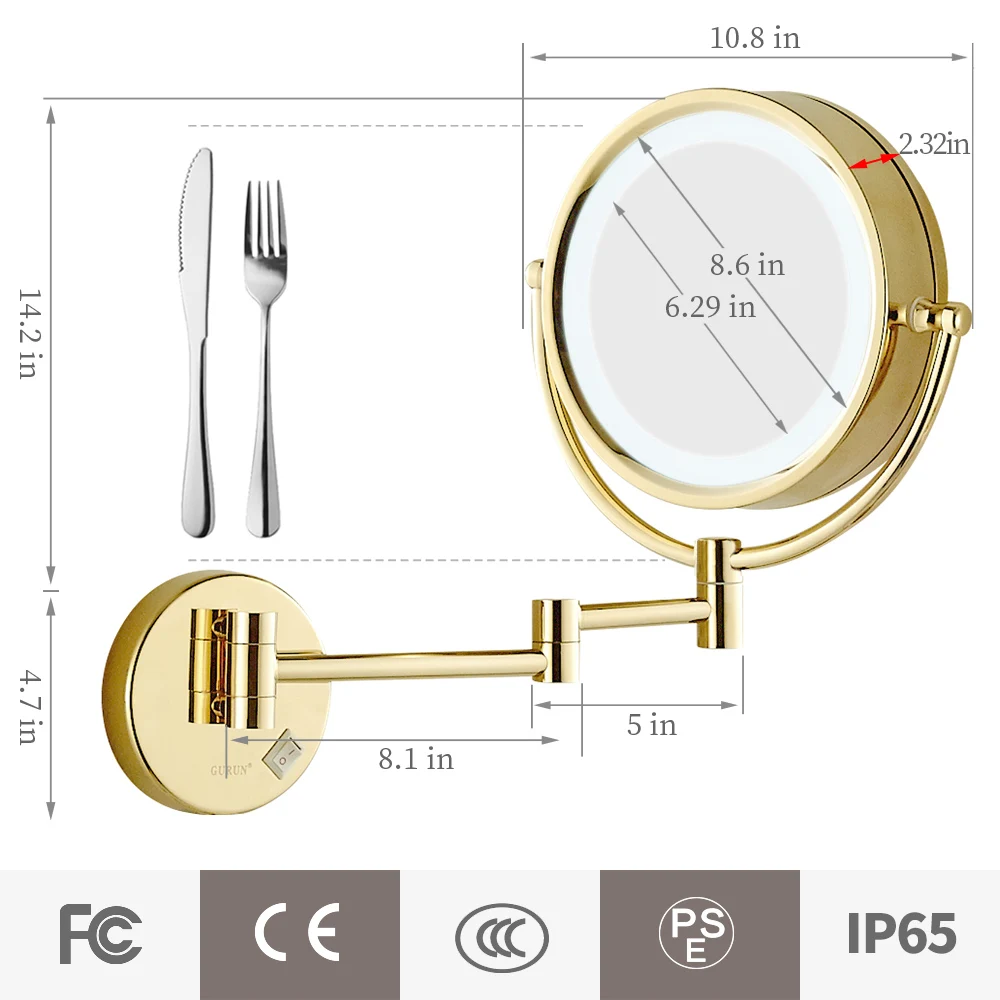 GURUN 8.5 인치 메이크업 거울, 3 톤 LED 조명, 양면 화장대, 욕실 앤티크 브론즈용 3 배, 5 배, 7 배, 10X 확대경