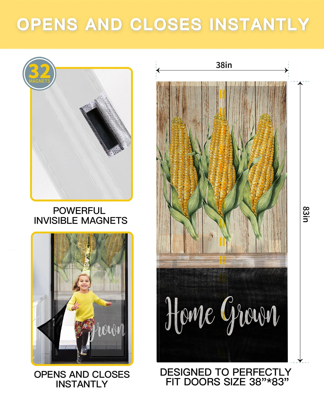 Vintage Farm Corn Wood Grain Summer Magnetic Screen Door Curtain Anti Mosquito Net Insect Fly Bug Kitchen Curtains