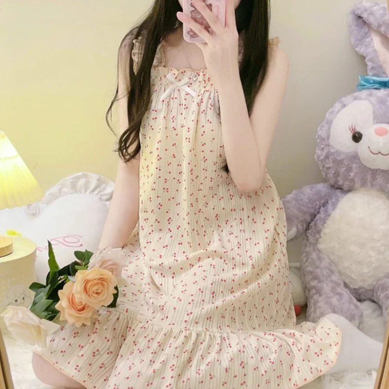New Woman Summer Pajamas Lady Small Floral Camisole Nightdress Loose Dress Lady Home Wear Girls Students Women Casual Home Dress