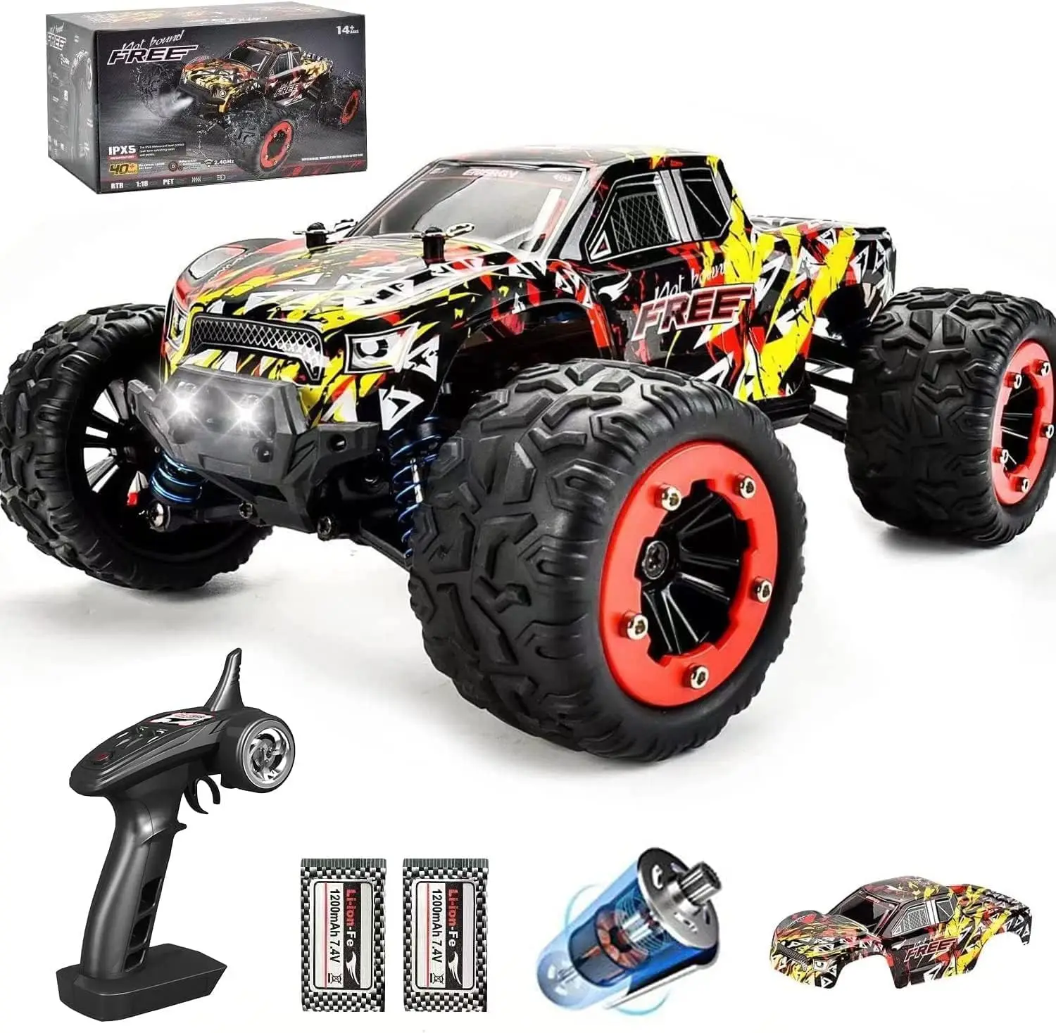 

1:18 Scale 40+ km/h High Speed Remote Control Car, 4x4 Waterproof Off Road RC Truck, 2.4GHz All Terrain Toy with 2 Batteries 40