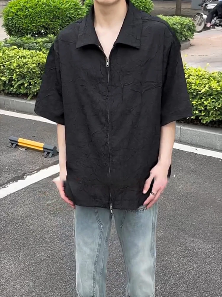 Zipper Short Sleeve Men's Shirt Textured Folded Summer Cleanfit Jacket Loose Fit Polyester Fiber Youth Popular Style Sun Prot...