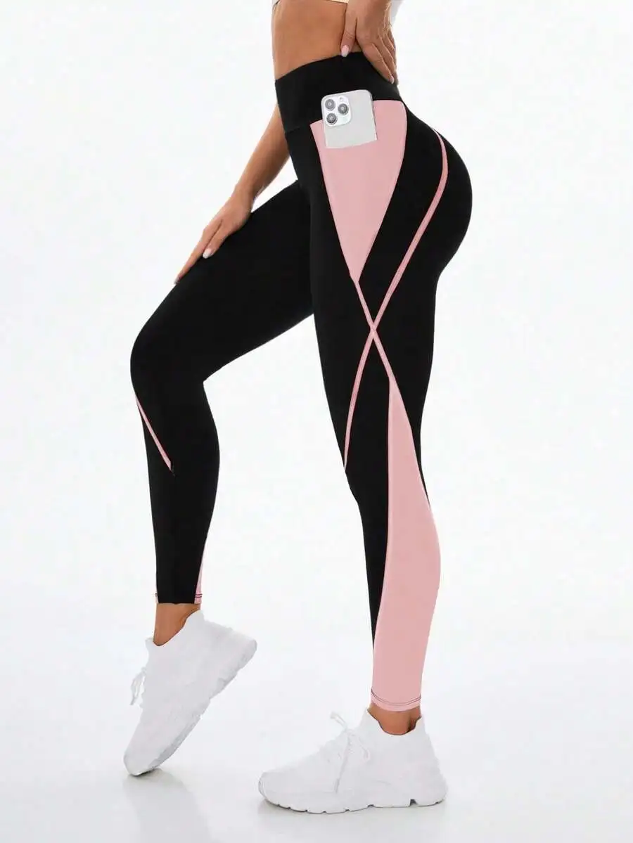 

High Waist Contrast Color Pocket Leggings For Women Fitness Sports