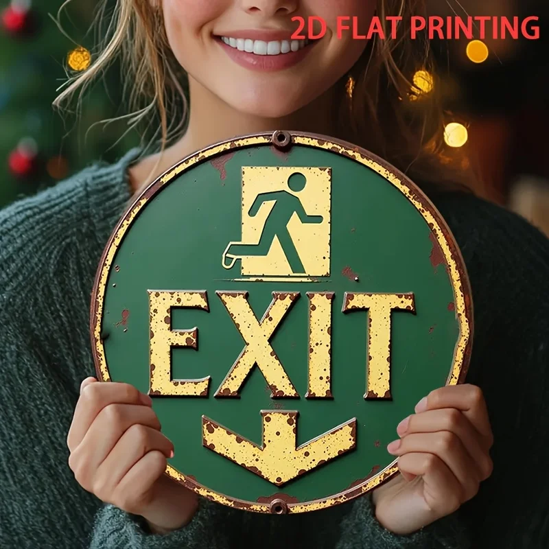 2D Flat, 2D Flat 1pc Rustic Vintage Round Tin Sign 20.32x20.32 cm - Emergency Exit Signway Inspired Decor - with Left & Right Pr