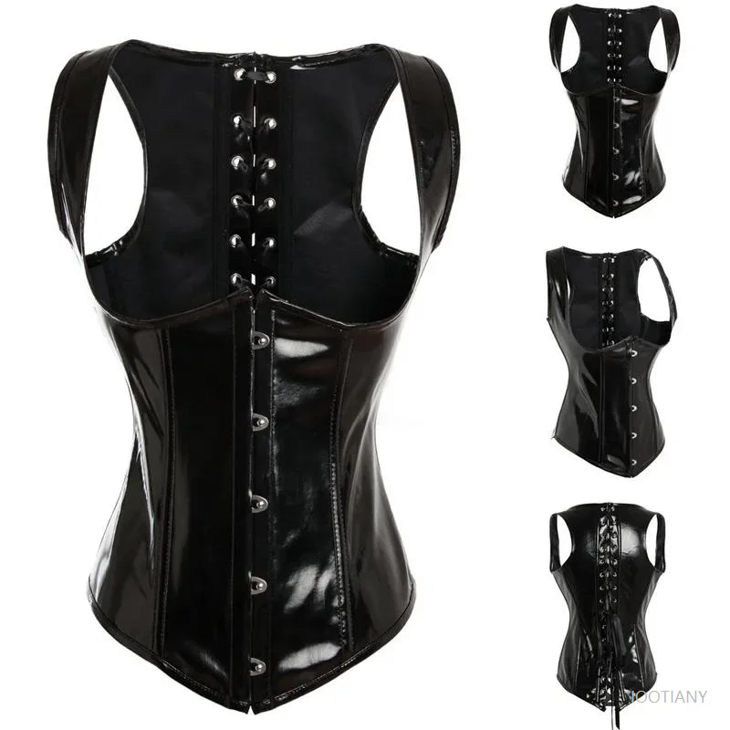 

Sexy Fashion PVC Faux Leather Gothic Corset Shiny PU Lingerie Shapewear with Straps Steampunk Basque Bodycon Top