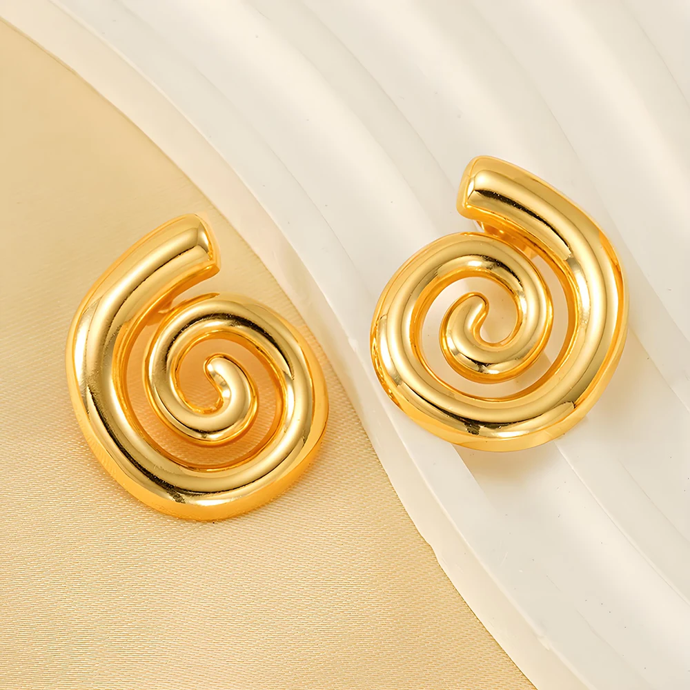 18K Gold Plated Statement Swirl Stud Earrings for Women Trendy Style Stainless Steel Jewelry Chunky Spiral Design Drop Earrings