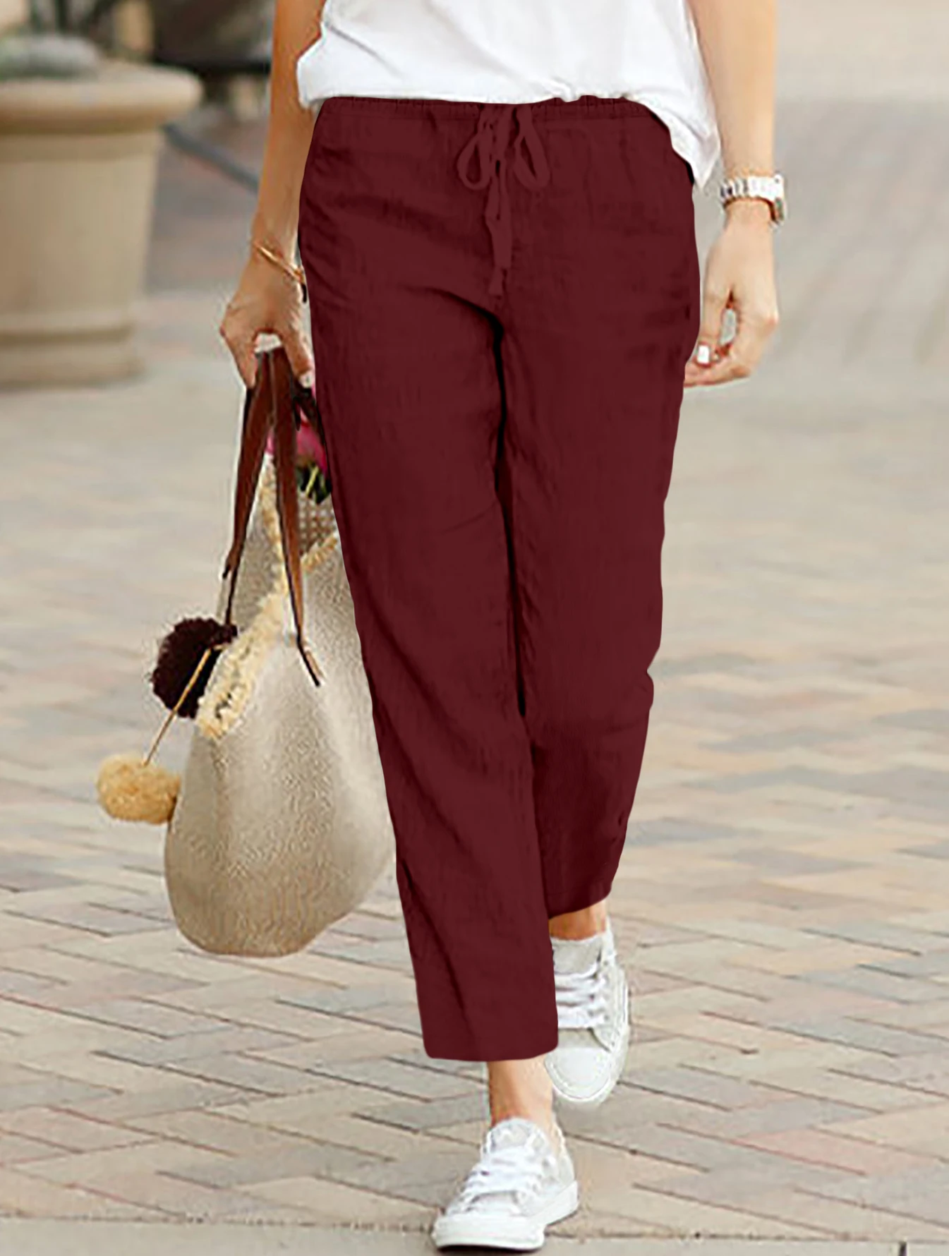 Women Casual Solid Color Long Trousers With Pockets Loose Drawstring Elastic Waist All-Match Straight Pants