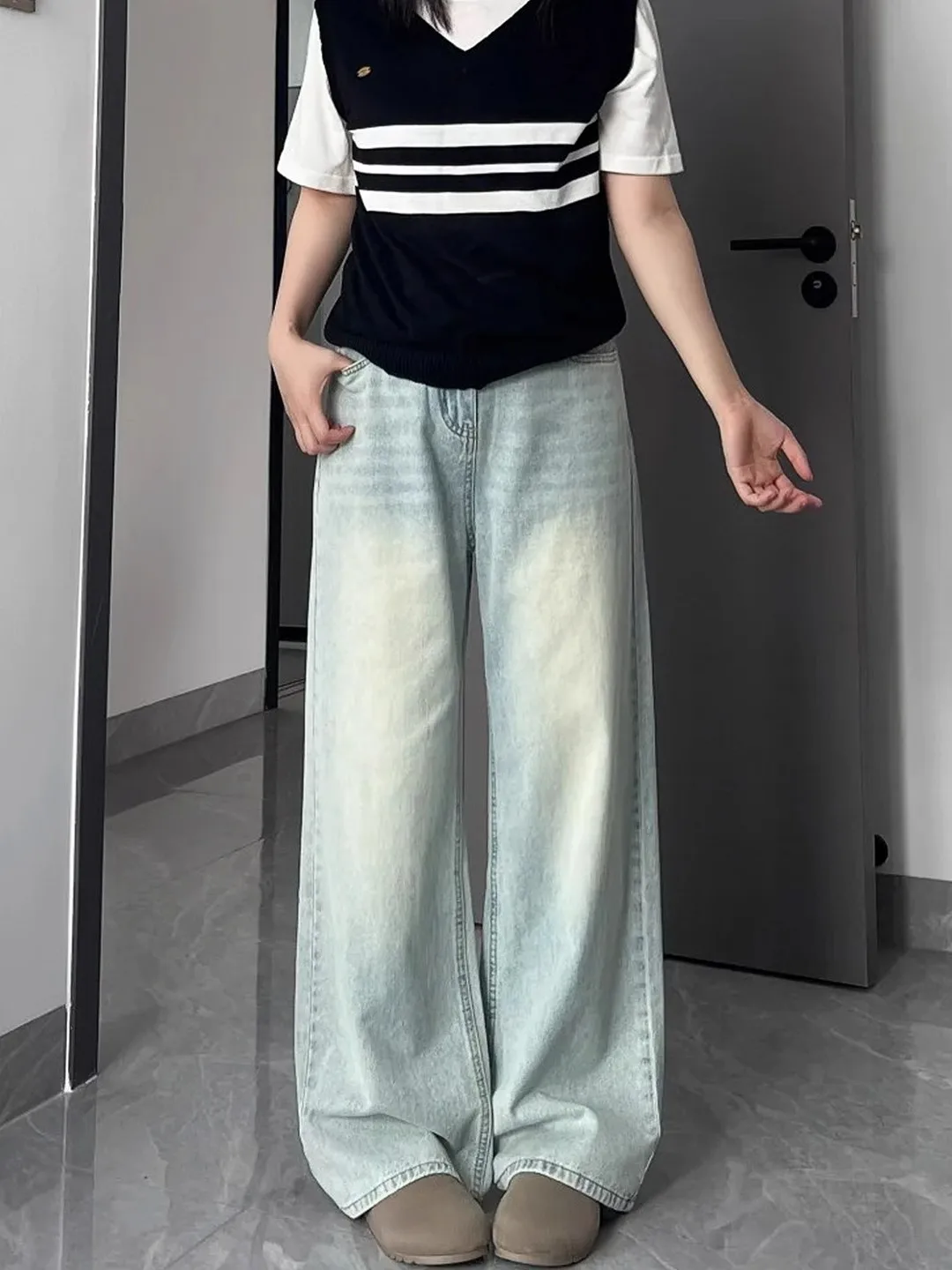 

Retro Light Wash Denim High Waist Wide Leg Loose Drapey Floor Length Straight Leg Pants Women's Summer New Style Slimming