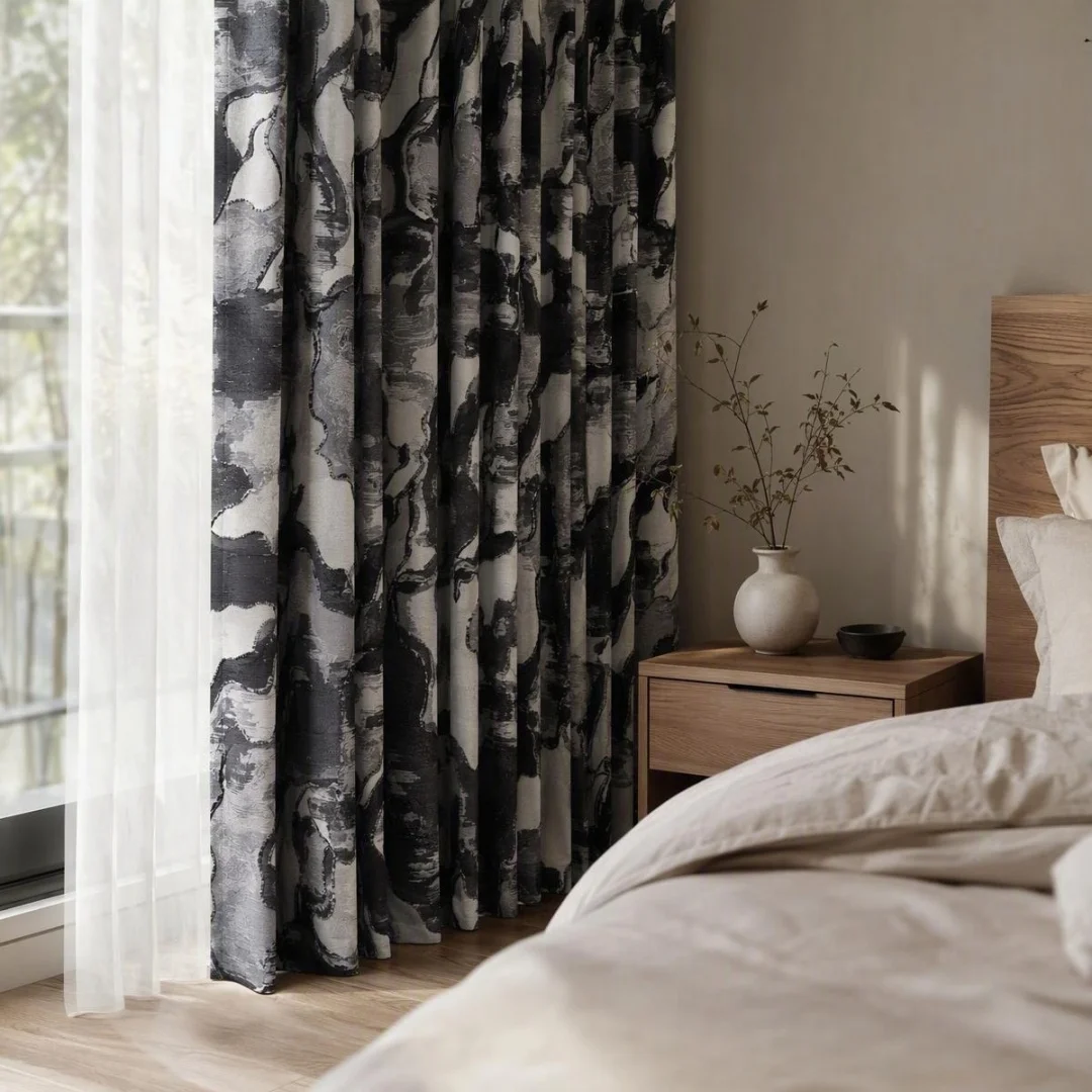 Abstract Oil Painting Jacquard Curtain Black White Art Pattern Thick Window Drapes for Living Room Bedroom