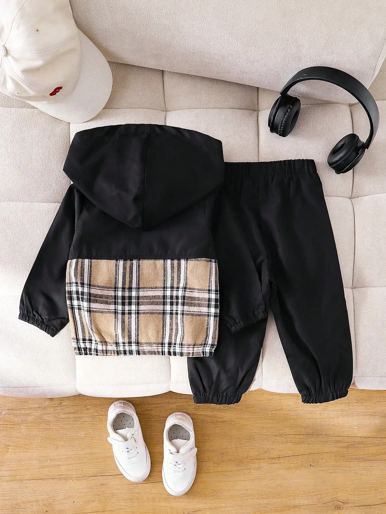 هوديي مطابقة اللون سحاب أكمام طويلة نصف سترة أعلى مرونة الخصر مشد القدم جيب السراويل وسيم الصبي الطفل بدلة سوداء