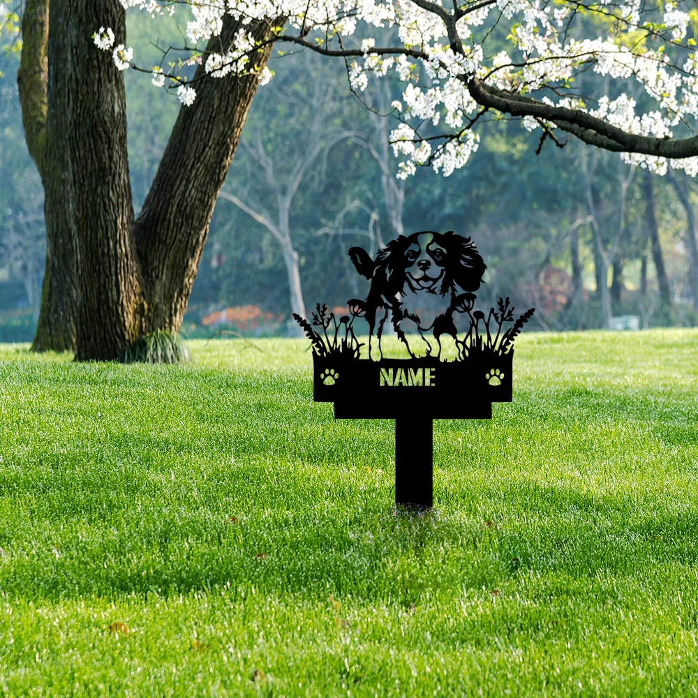

1pc cute Pug walking in the grass Customized Text Ground plugging Tin Wall Plaque For ground decor For Garden Decor