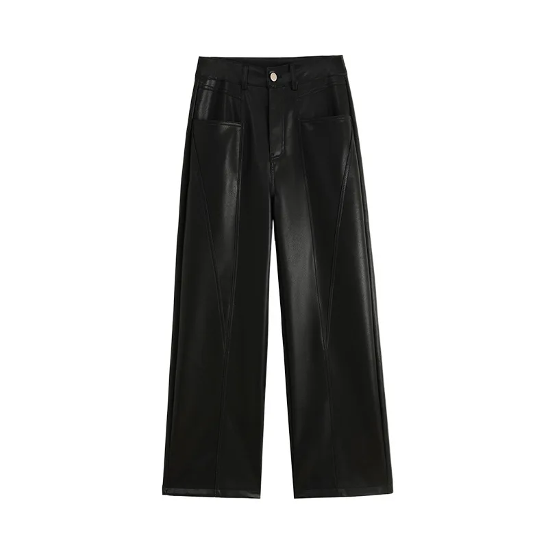 Coffee colored high waisted matte leather wide leg pants for women, loose fit  casual hanging pants, floor length pants