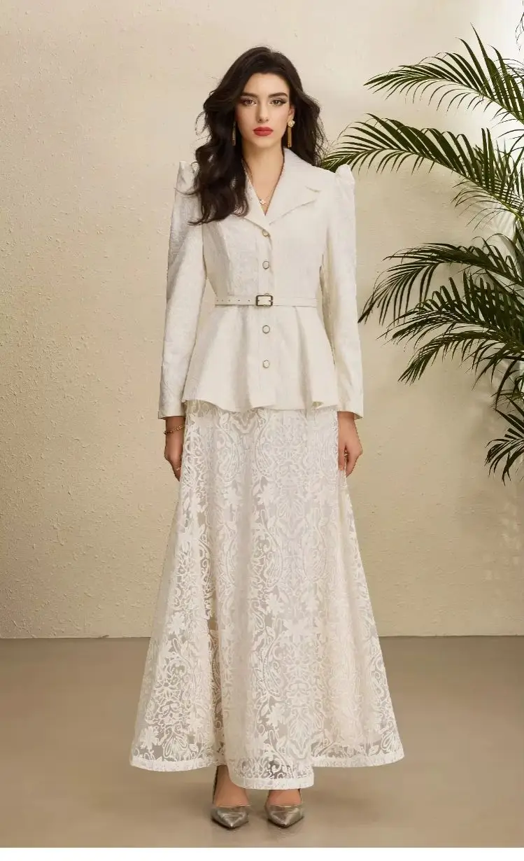 Women Lace Blazer Maxi Skirt Set Elegant Notched Collar Single Breasted High Waist Two Piece Formal Party Outfit Vintage Style