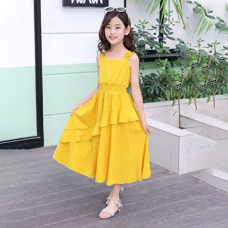 Teenager-Mädchen Sommerkleider 2026 Neu Kinder Lässiges Einfarbiges Ärmelloses Trägerkleid mit Taillengürtel Kinder Urlaubsstil Prinzessinnenkleid – Detail 2