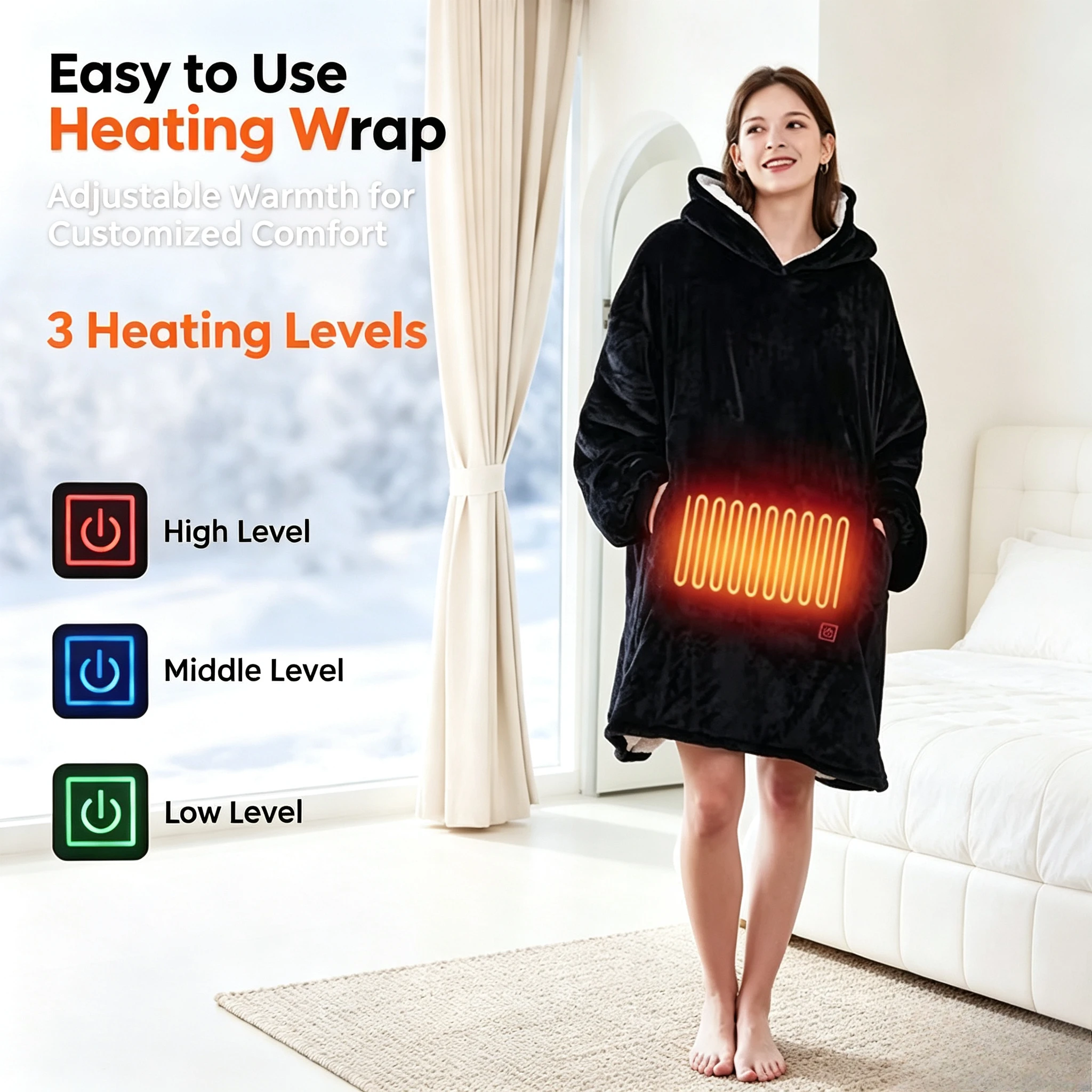 USB Carbon Fiber Heating Wearable Hoodie Blanket Oversized Warm Wrap With Power Bank Pocket For Adults