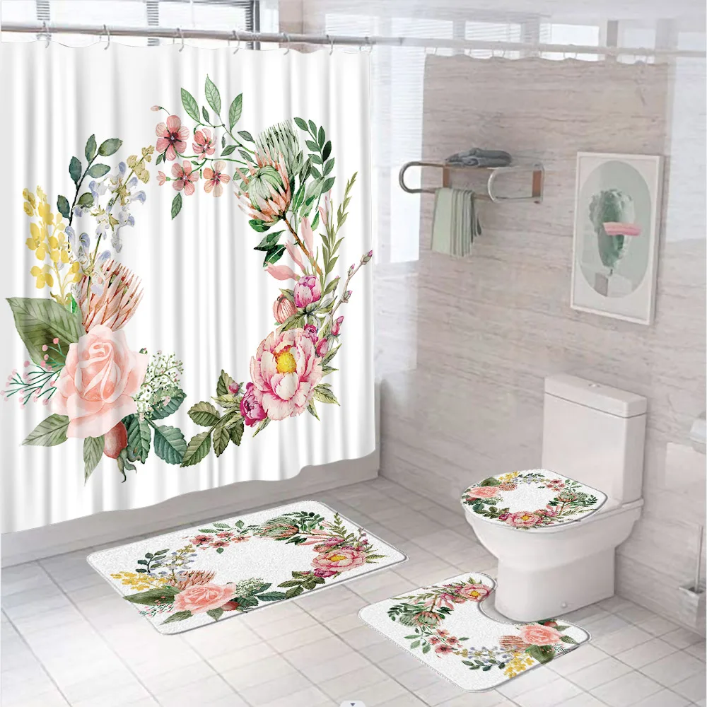 

Flower Leaves Garland Bathroom Sets with Shower Curtain Rug Bath Mat Toilet Cover Green Plant Floral Rose Fabric Curtains Screen