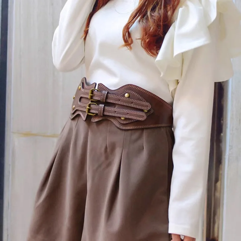 Women Retro Elastic Wide Waist Belt Double Buckle Studded Corset Cummerbund for Dress Coat Party Cosplay Waist Shaper