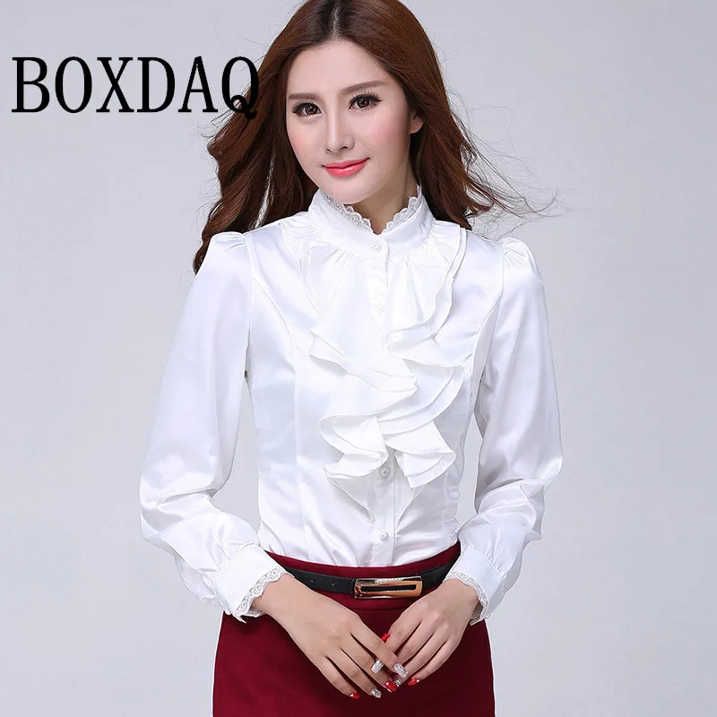 Women\'s Vintage Ruffles Shirts Long Sleeve Women Elegant Lace Button Up Stand Collar Ladies Office Blouses Tops Pink White Shirt