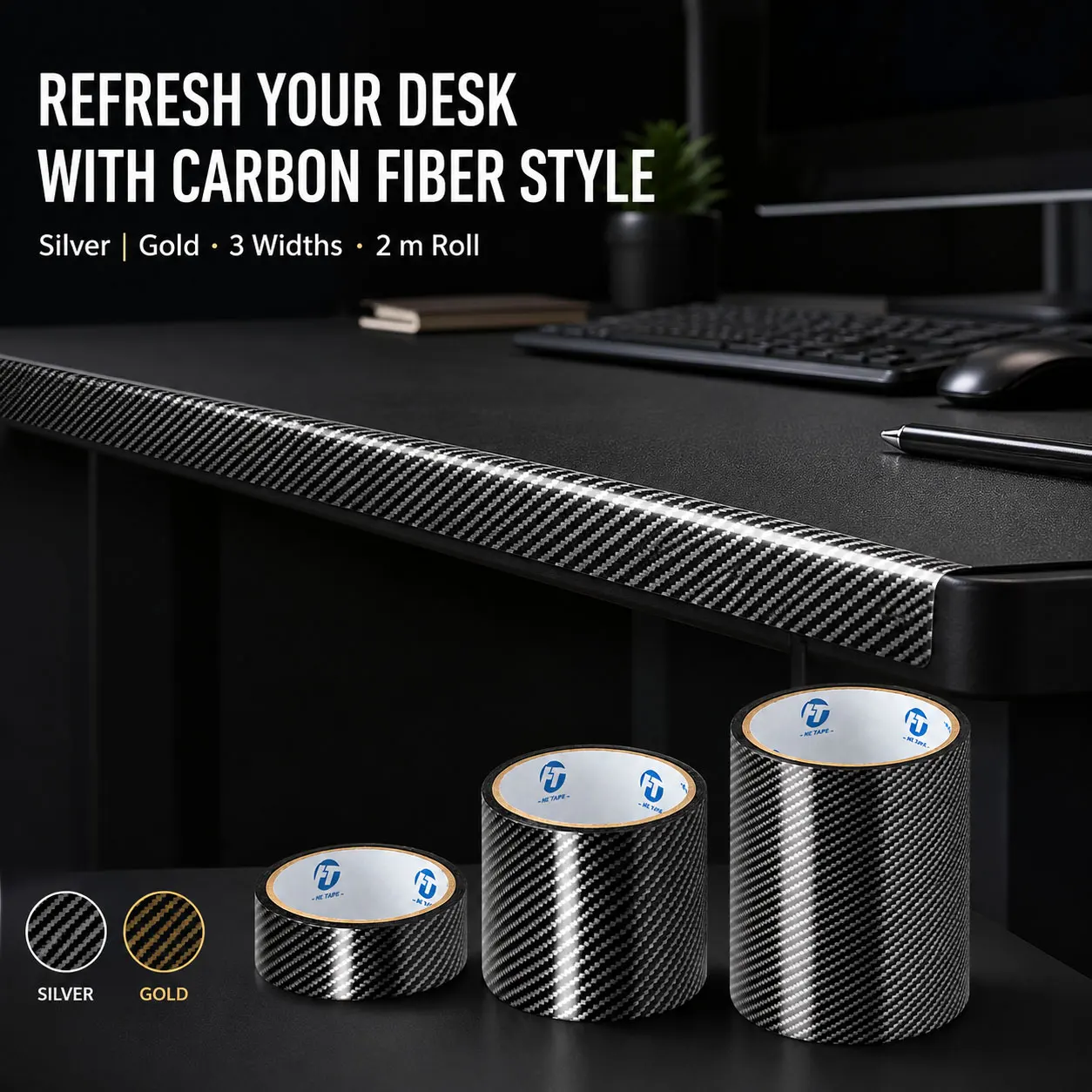 Carbon Fiber Furniture Edge Trim Tape Self-Adhesive Glossy PVC Desk Edge Wrap for Desks Drawers Cabinets 2m