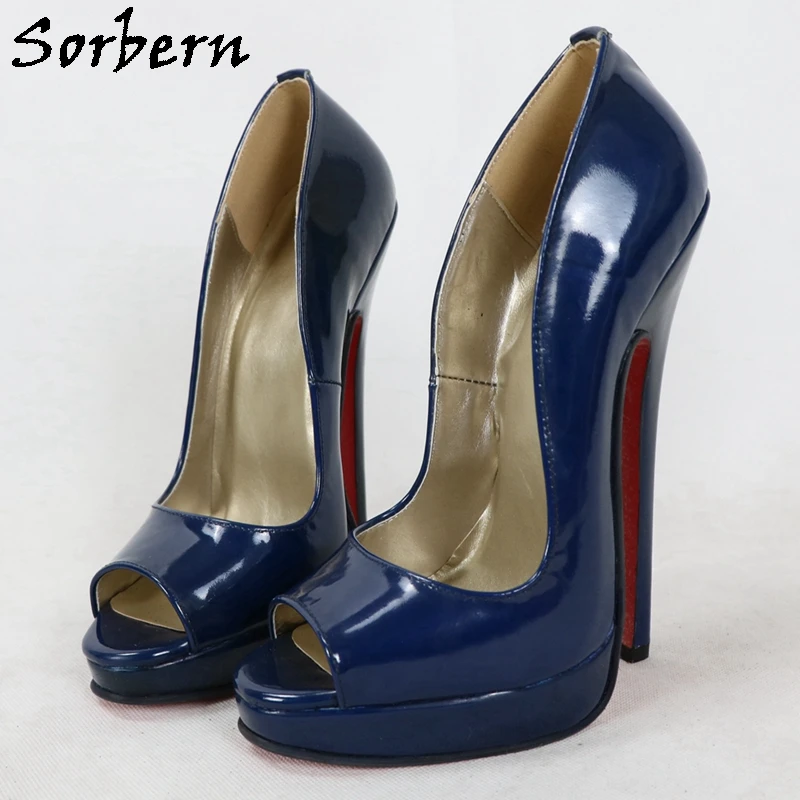 Sorbern 18cm Navy Blue Open Toe Women Pump Shoes Stilettos Platform Slip On Shoe For Crossdresser Sissy Girls Size 13