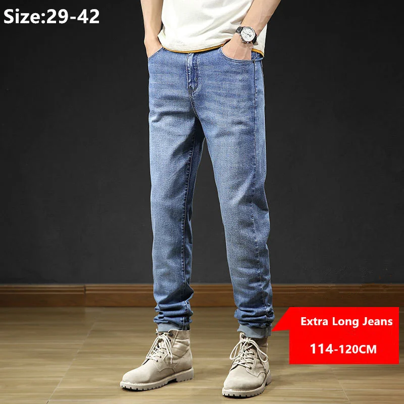 

Tall Men 114CM 120CM Extra Long Blue Denim Jeans Stretched Plus Size 42 40 Slim Fit Elastic Large Male Trousers Straight Pants