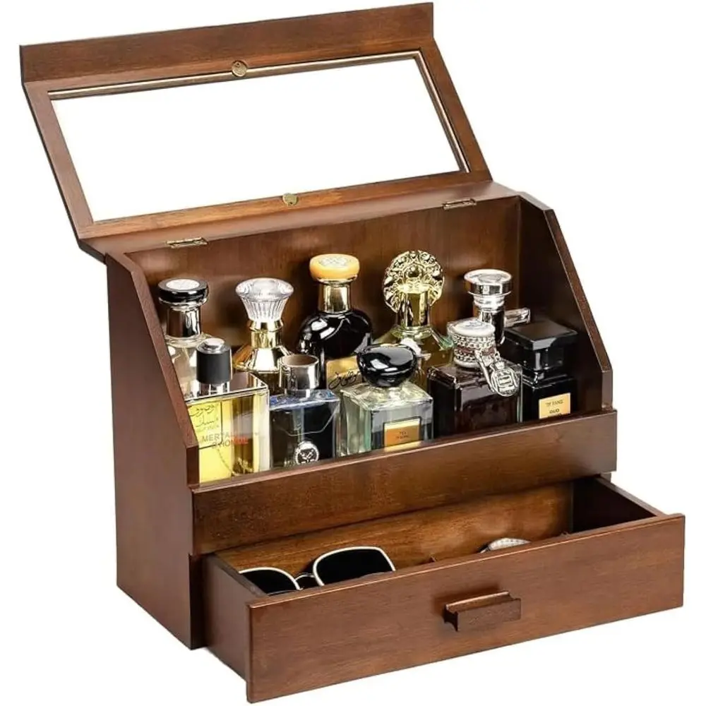 

Organizer for Men - Dustproof Stand with Drawer, Wood Perfume Stand Organizer for Dresser, Large Capacity Cologne Holder