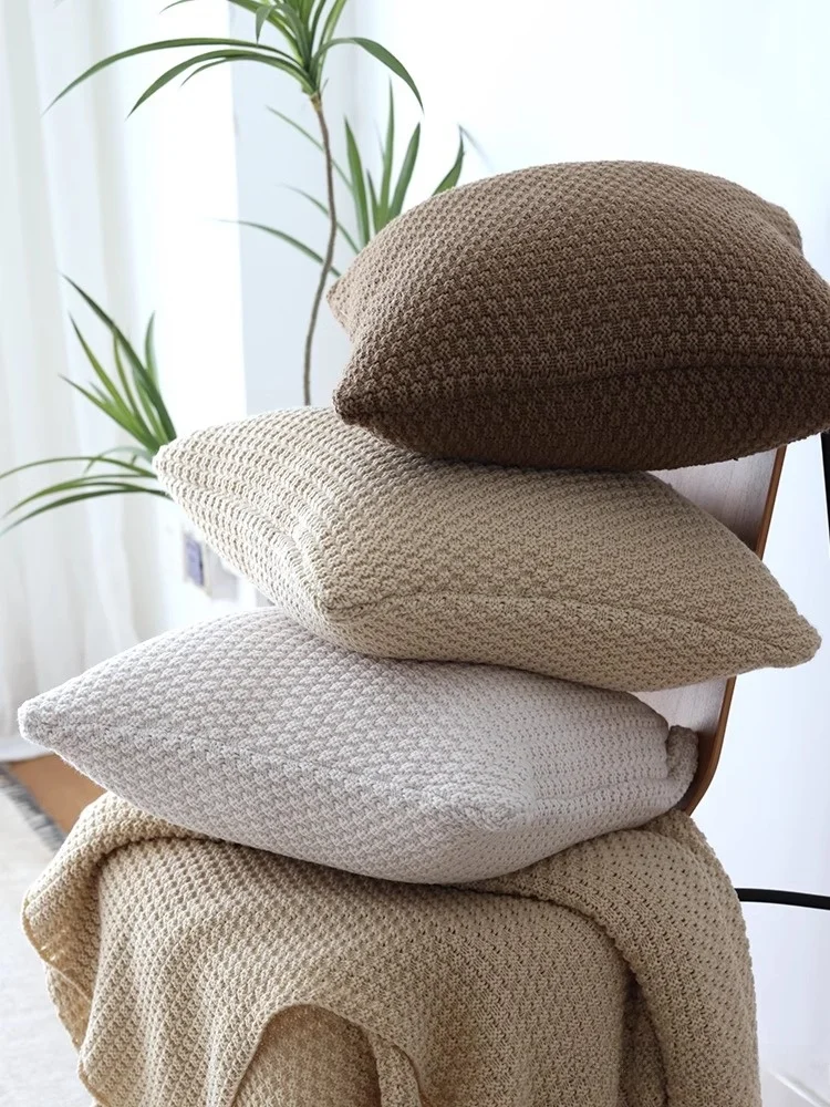 Minimalist Pure Color Sofa Blanket Decorative Pillow Cushion for Homestay Bedroom New Model Hand Knitted Fiber Filled Square ...