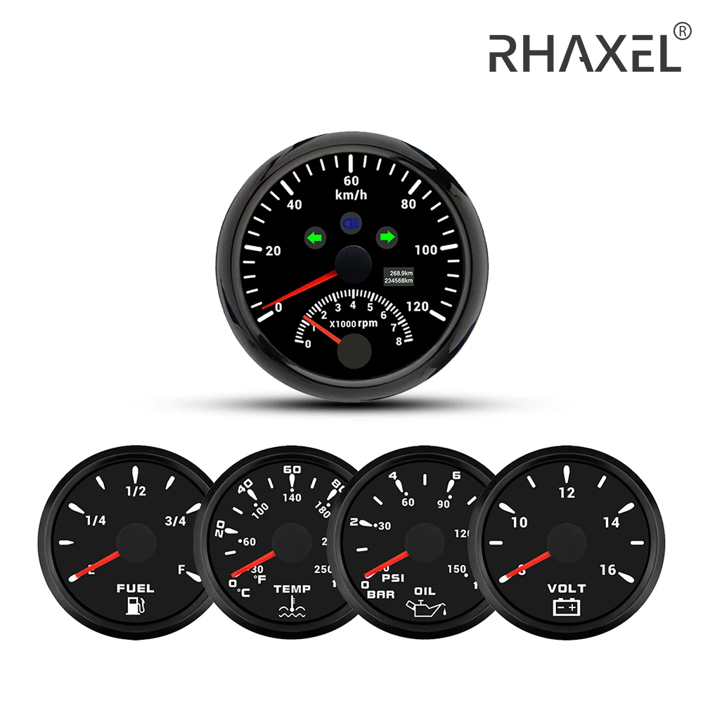 RHAXEL 5 Gauge Set 3 3/8'' Car Boat Speedometer GPS 120KM/H with Tachometer RPM Water Temp Oil Pressure Fuel Level 12V Voltmeter