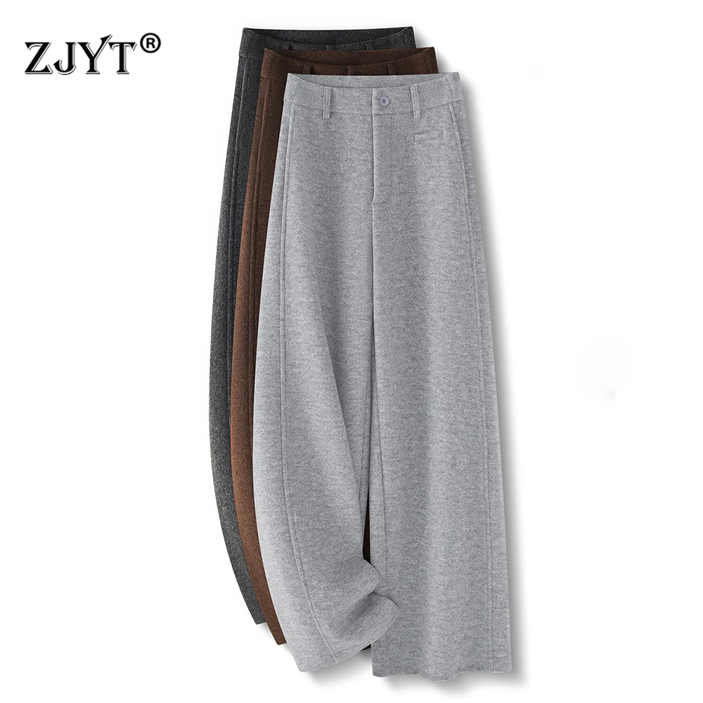 

ZJYT осенне-зимние шерстяные женские брюки, прямые длинные брюки, женская одежда, модная элегантная женская офисная повседневная одежда