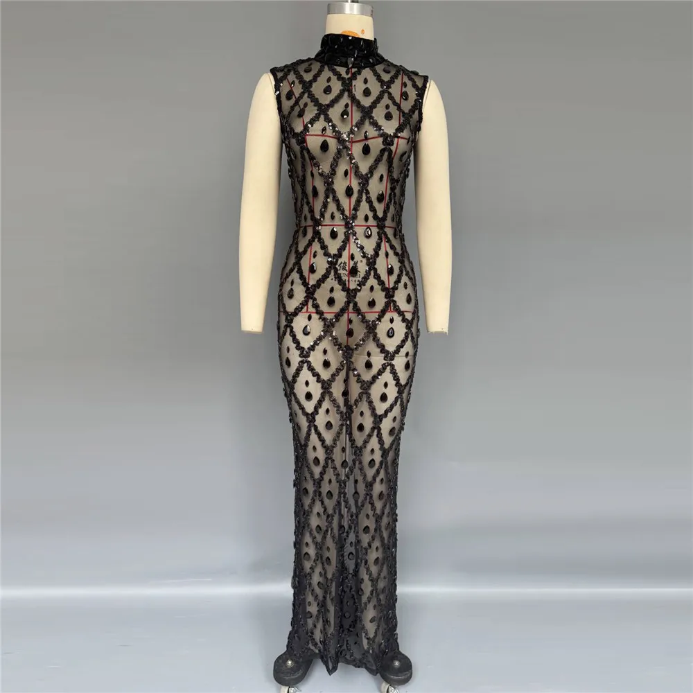 Luxury rhinestone sequin women's clothing designer sleeveless sexy perspective long dress fashionable party nightclub dress dres
