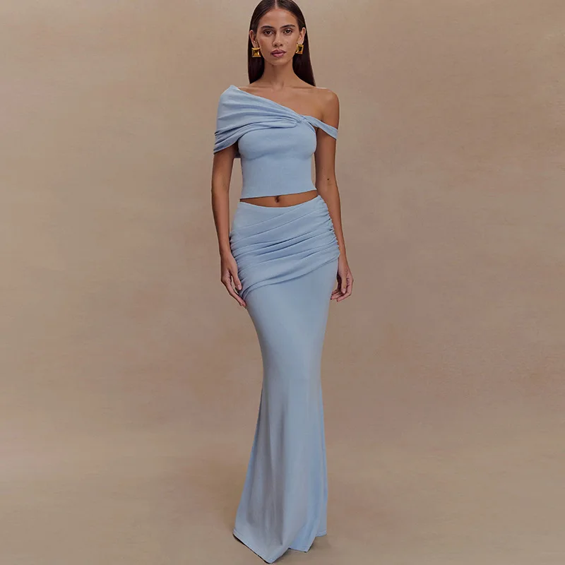 

Women Elegant Sexy Ruched 2 Piece Set Irregular Off Shoulder Crop Tops + Bodycon Maxi Skirts Party Dress Suits Vacation Outfits