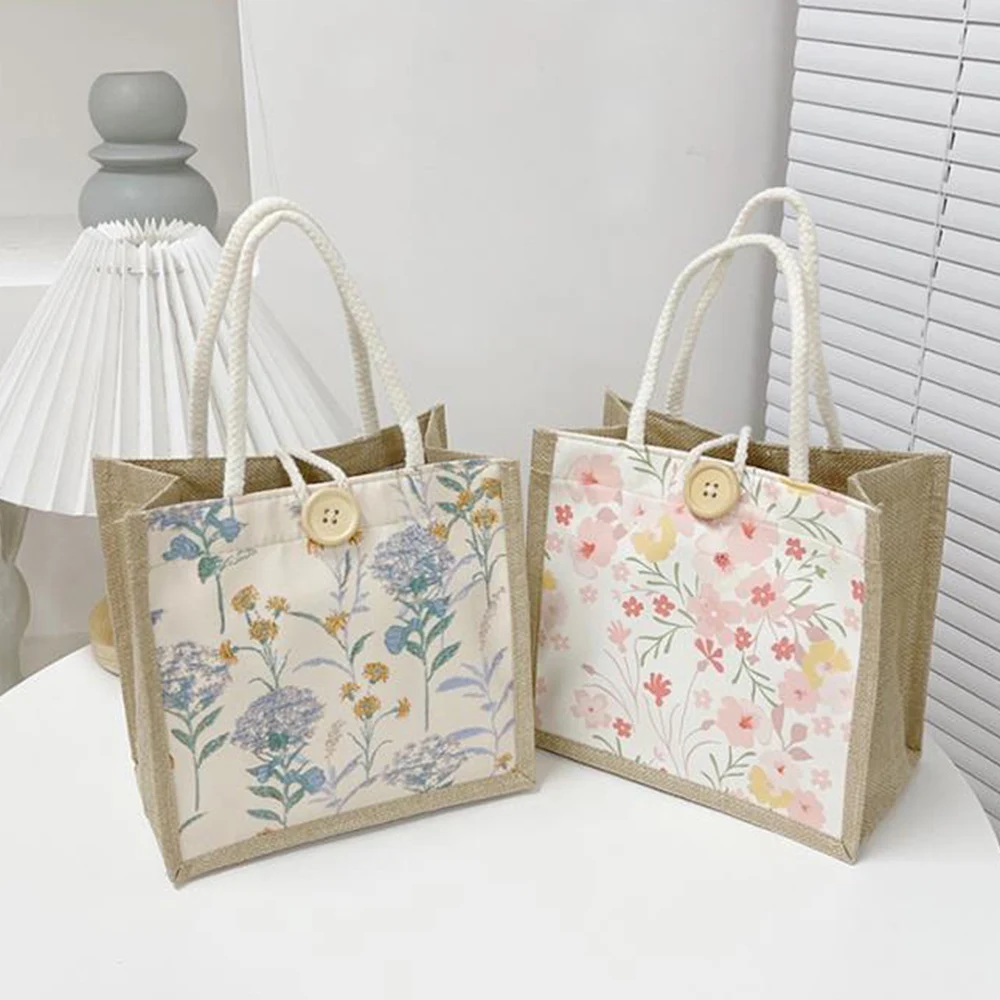 Bolso de mano de arpillera con estampado de flores para mujer, bolsa de lino con asa superior ecológica portátil, ideal para la playa y el verano