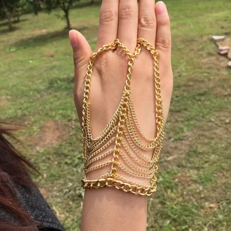 Nuevo Boho moda pulsera de oro esclavo multi-cadena anillo de dedo arnés de mano borla