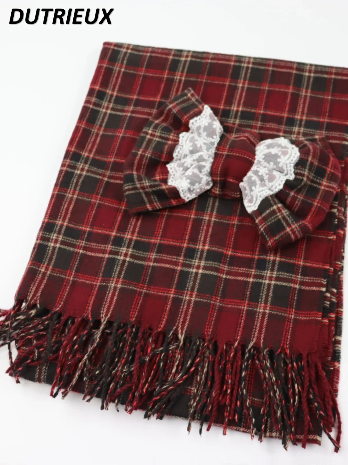 Sweet Bow Scarf Plaid Lolita Cute Girl Shawl Versatile Dual-purpose Model Red Mine Student Japanese Autumn and Winter Scarfs