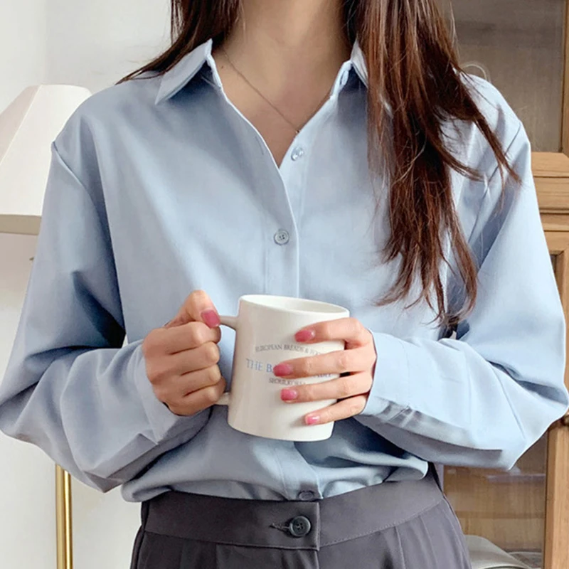 

Spring Autumn Turn Down Collar Loose Blouse Women 2025 Chic Solid Color Long Sleeved Shirts Woman Button Up Office Shirt Ladies