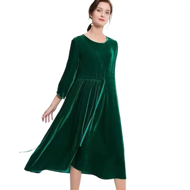 2024 nuovo vestito in velluto stile coreano di alta qualità donna autunno inverno Vintage Casual Dress allentato Slim Midi Vestidos Elegante Mujer