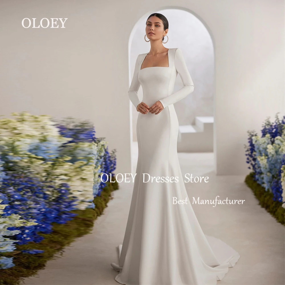 

OLOEY Modest Ivory Mermaid Wedding Dress Square Collar Full Sleeves Bridal Gown Pleats Stretch Satin Long Formal Prom Gown