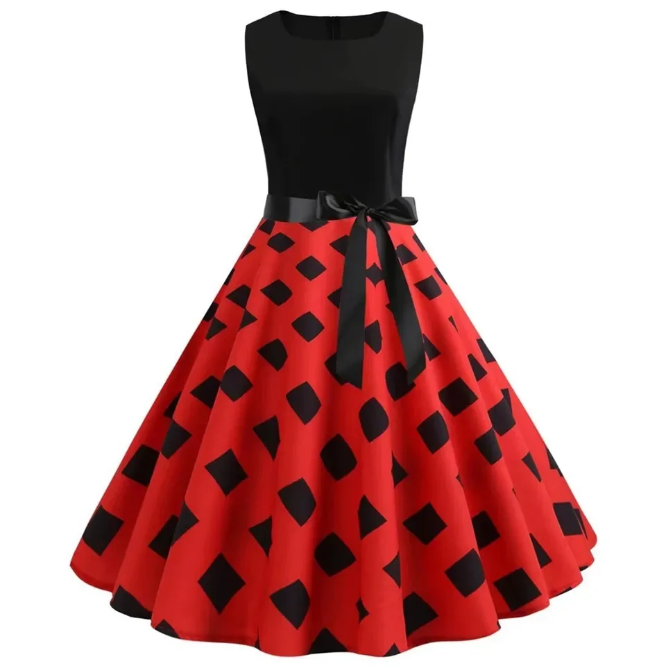 

Women Summer Vintage Dress Sleeveless Polka Dot Round Neck Bowknot Belted A-Line Midi Dress 50s 60s Retro Party Office Dresses