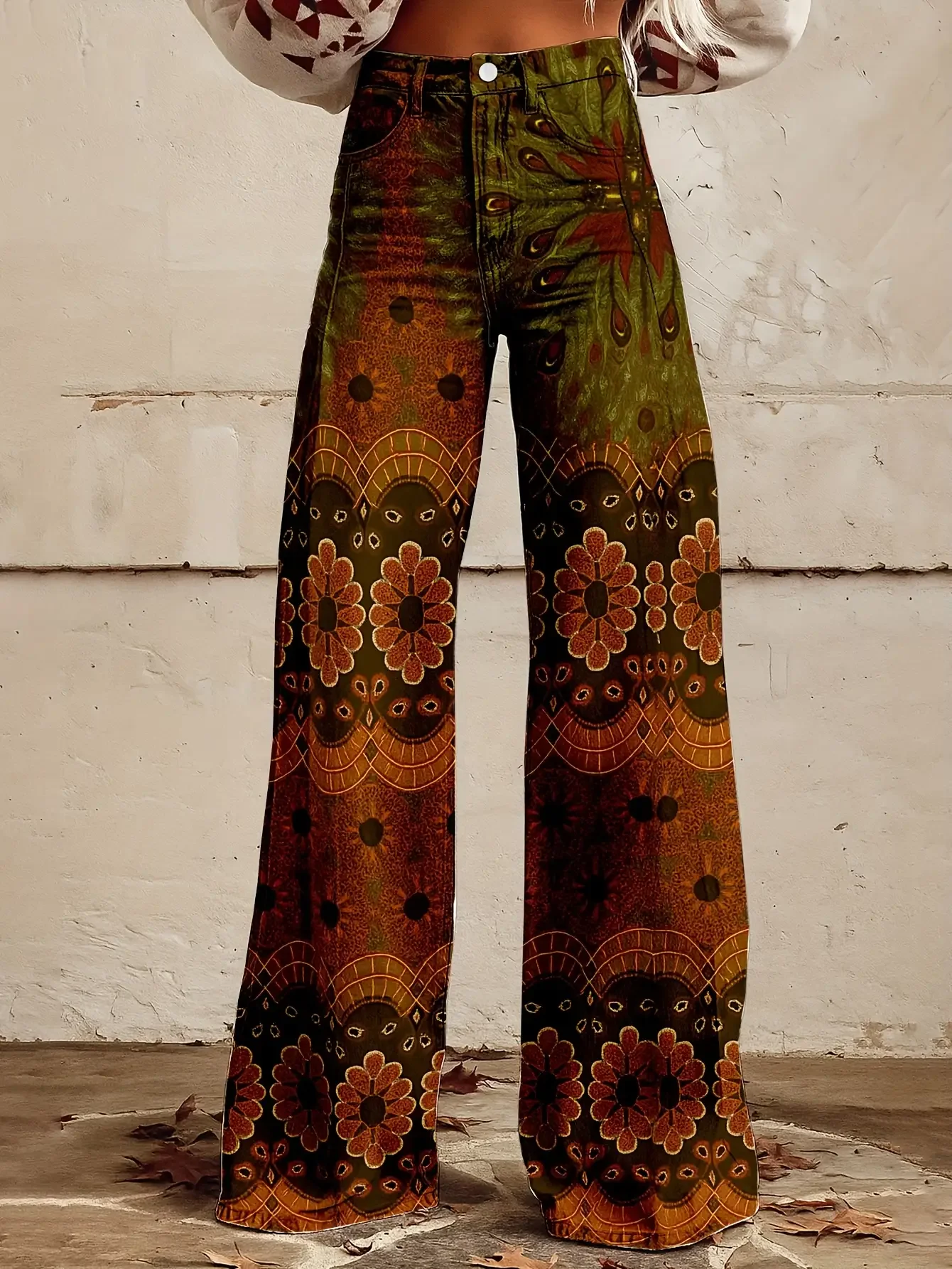 

2026Women's slim fit wide leg flared pants, Machine Washable Retro Western Style Four Seasons Pants