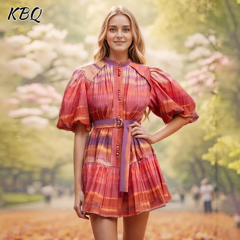 

KBQ Formal Colorblock Printing Dress For Women Stand Collar Lantern Sleeve High Waist Spliced Belt Chic Dresses Female Fashion