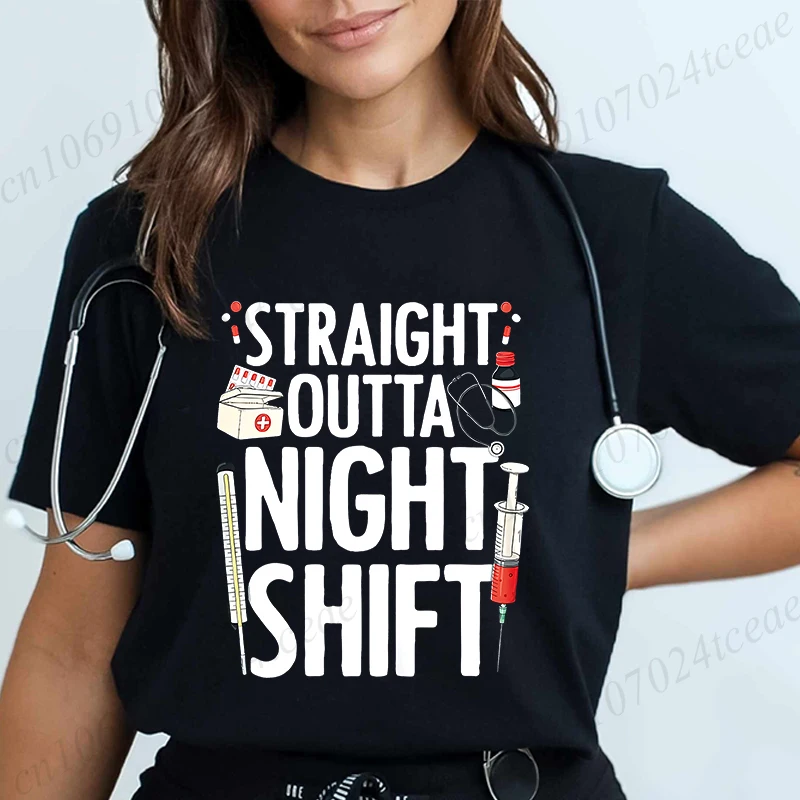 Night Shift Nurse Graphic Tee Premium Polyester Breathable Tee Shirt Crew Neck Casual T Shirts for Women Fashion Trendy T-shirts