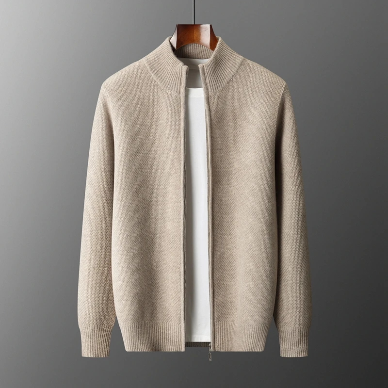 

2025 Autumn/Winter New Thickened Men's Half High Collar Zipper Cardigan 100% Merino Wool Knitted Sweater Casual Honeycomb Jacket