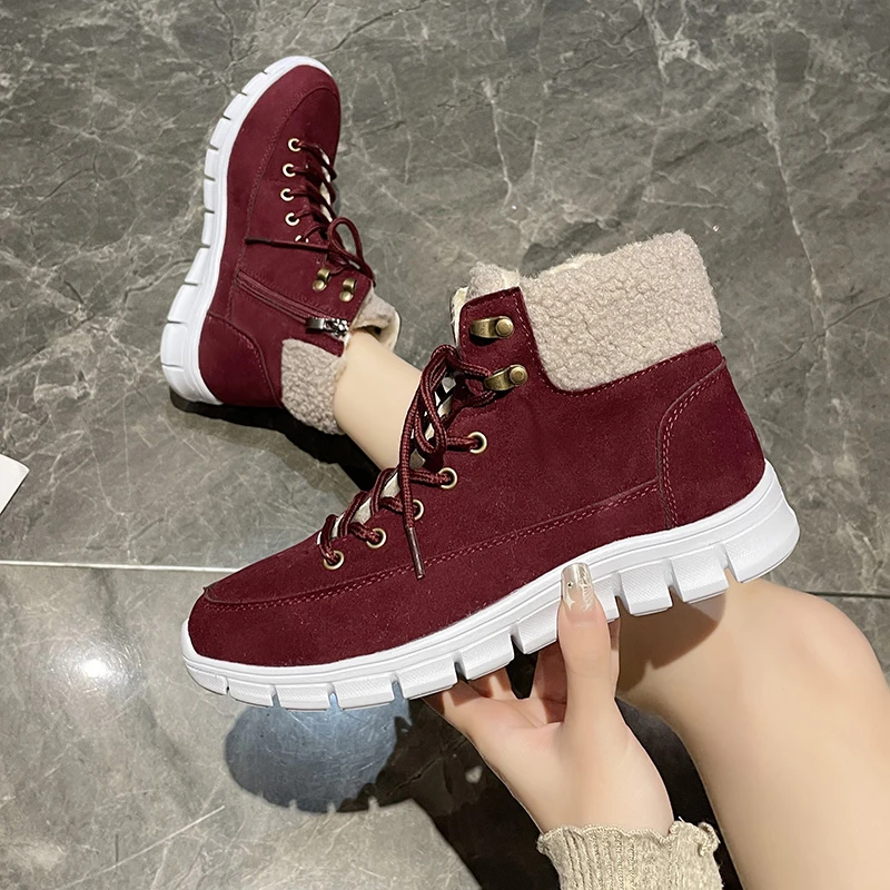 Women Solid Color Lined Boots Lace Up Side Zipper Fuzzy Warm Platform Shoes Winter Plush Snow Shoes