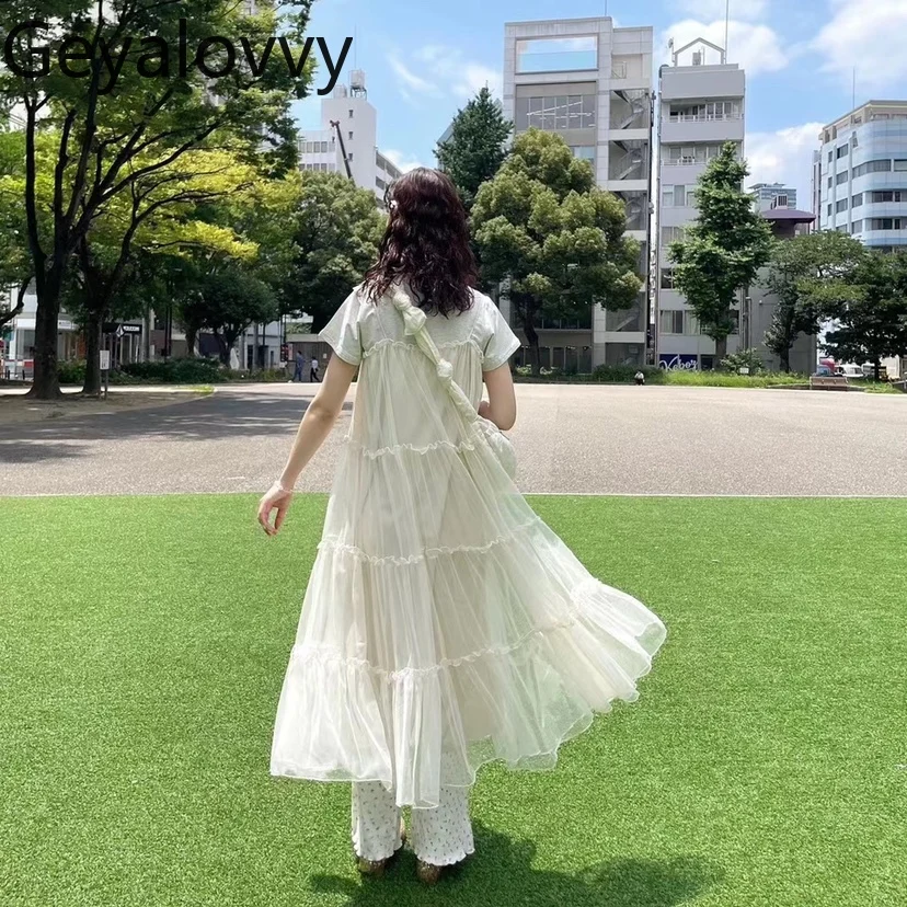 Estilo japonês em camadas primavera outono vestidos femininos 2025 nova moda casual elegante longo estilingue vestido para senhora verão